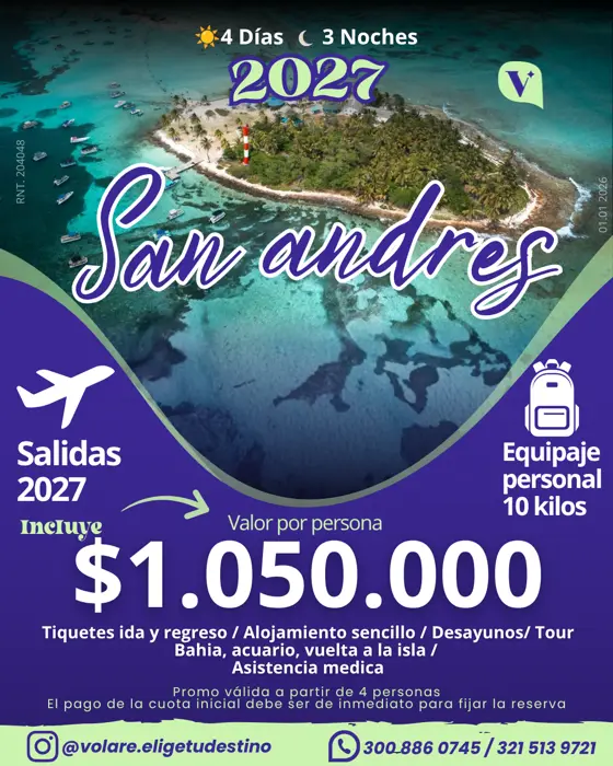 Flyer del plan San Andrés: 4 días · 3 noches, $1.050.000 por persona