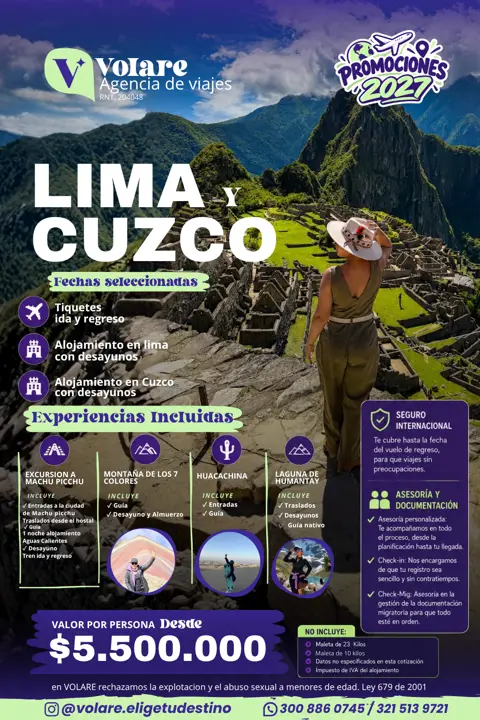 Flyer del plan Lima y Cuzco, desde $5.500.000 por persona