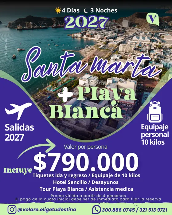 Flyer del plan Santa Marta + Playa Blanca: 4 días · 3 noches, $790.000 por persona