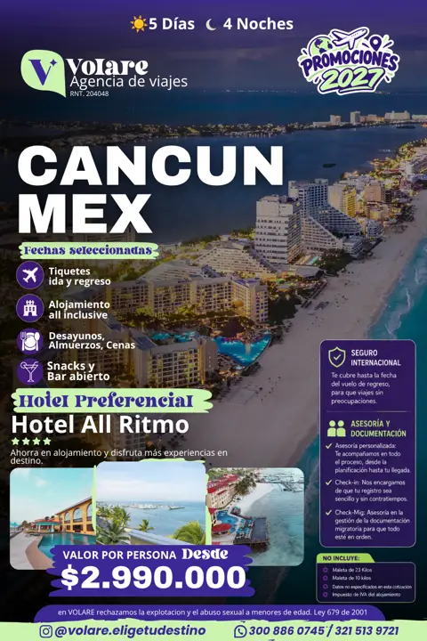 Flyer del plan Cancún, México: 5 días · 4 noches, desde $2.990.000 por persona