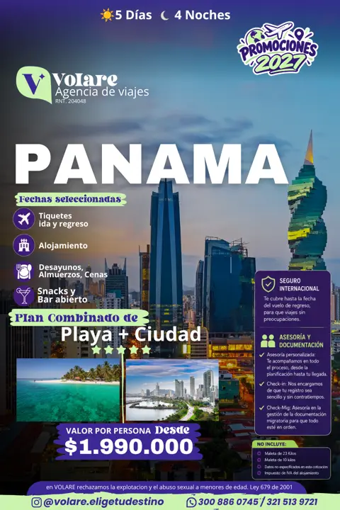 Flyer del plan Panamá: 5 días · 4 noches, desde $1.990.000 por persona