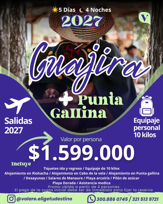 Flyer del plan Guajira + Punta Gallina: 5 días · 4 noches, $1.599.000 por persona