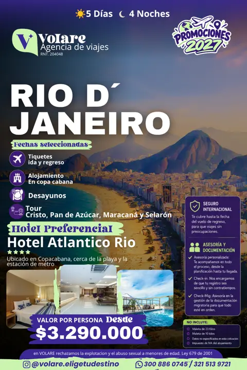 Flyer del plan Río de Janeiro: 5 días · 4 noches, desde $3.290.000 por persona