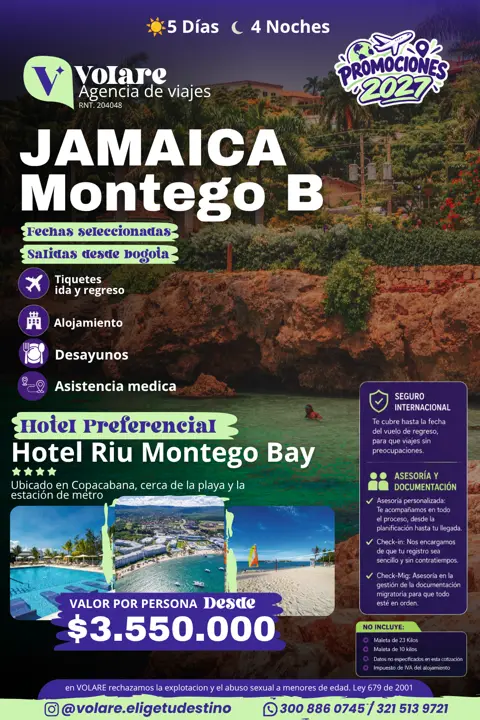 Flyer del plan Jamaica (Montego Bay): 5 días · 4 noches, desde $3.550.000 por persona